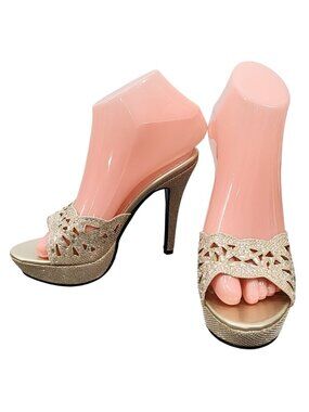 NWOB Gold Sparkle Glittery Rhinestone Platform Mules Stiletto Heels Size 7 Slide